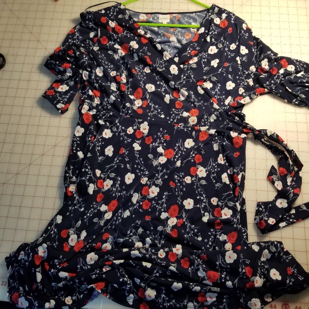 Navy floral faux wrap midi dress